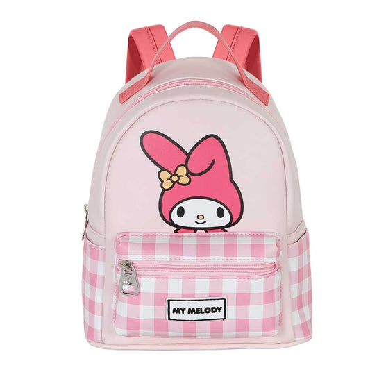 Mochila rosa de My Melody con bolsillo frontal de cuadros