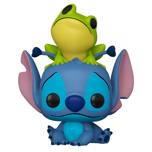 Figura Funko POP! de Stitch con una rana verde sobre la cabeza