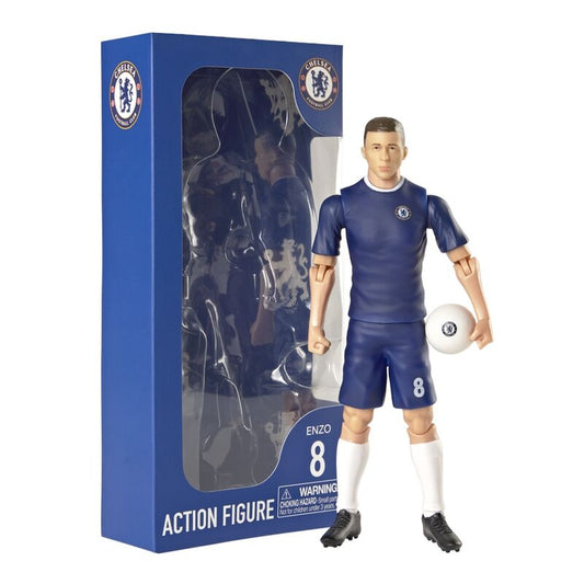 Figura articulada de Enzo Fernández con la equipación azul del Chelsea y un balón