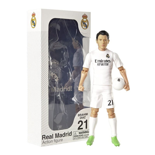 Figura articulada de Brahim Diaz con uniforme blanco del Real Madrid y balón
