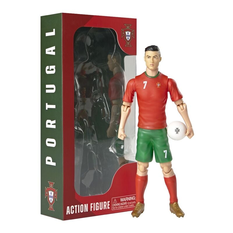 Figura articulada de Cristiano Ronaldo con uniforme de Portugal y balón