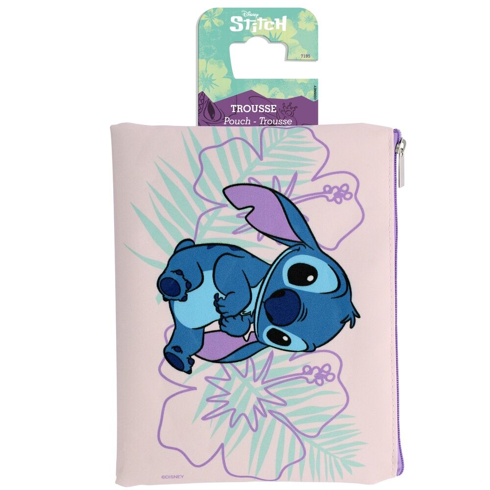 Neceser Disney Stitch rosa con estampado tropical y cremallera lila