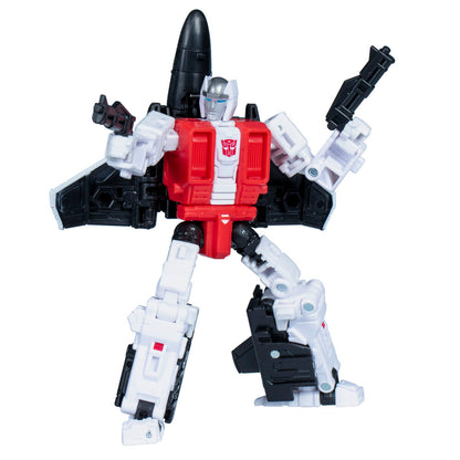 Figura Transformers Air Raid en modo robot rojo, blanco y negro