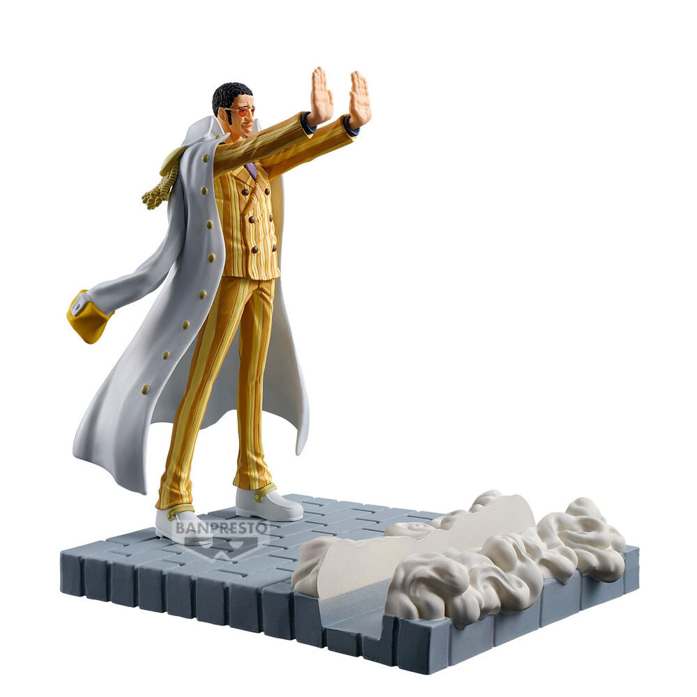 Figura Banpresto de Kizaru Borsalino de One Piece con base escenográfica