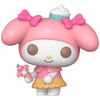 Figura Funko POP! de My Melody rosa con lazos y pequeño personaje en la mano