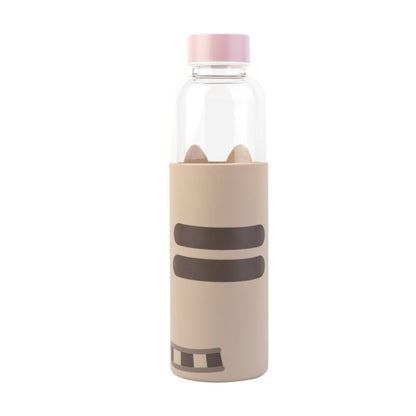 Botella de cristal Pusheen de 500 ml con funda beige y tapa rosa
