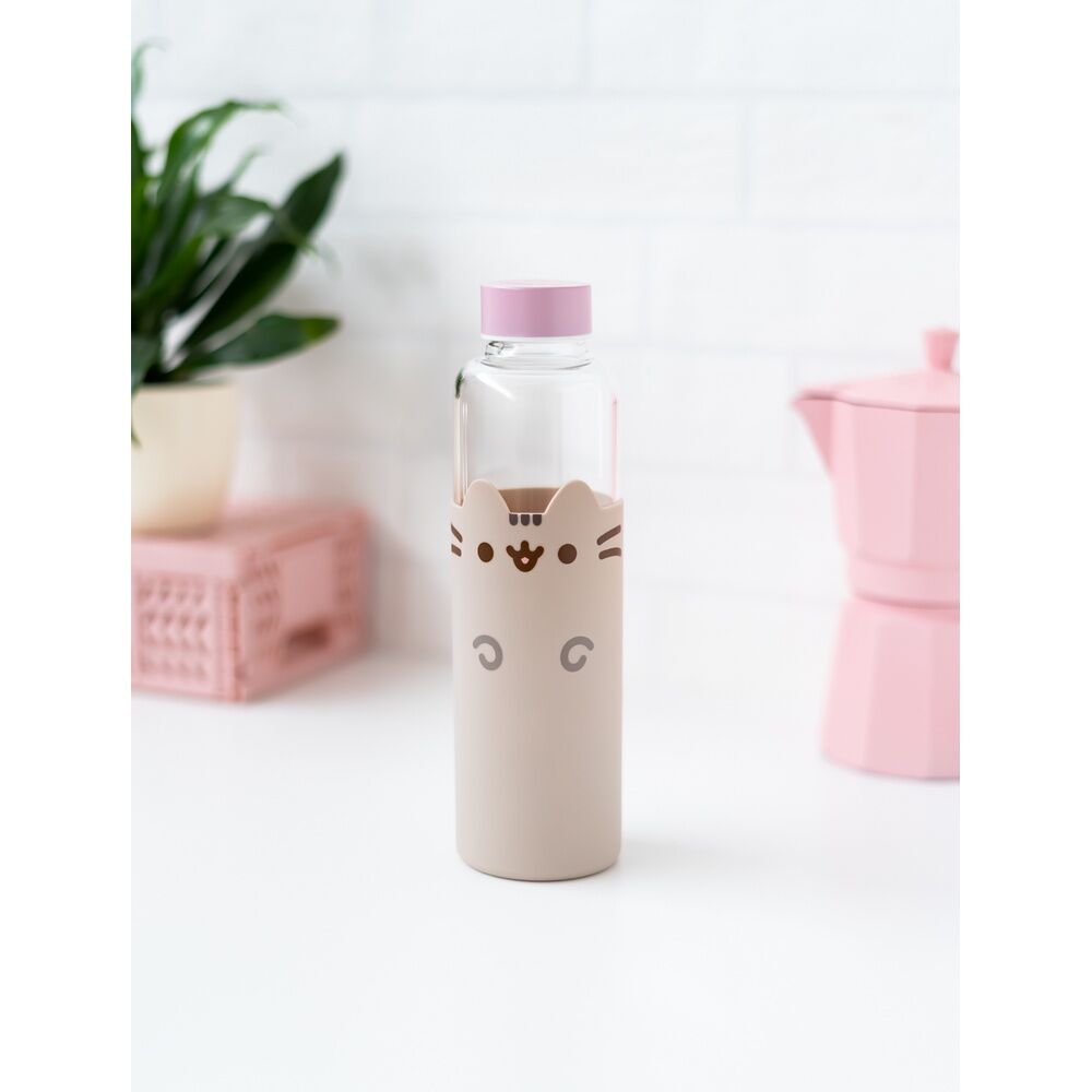 Botella de cristal Pusheen de 500 ml con funda beige y tapa rosa - 5