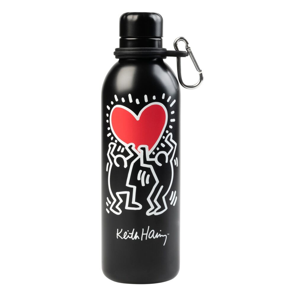 Botella negra Keith Haring de acero inoxidable con corazón rojo