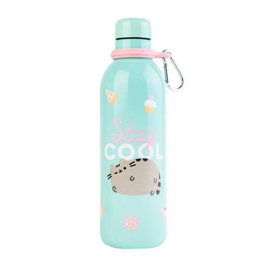 Botella Pusheen Foodie verde menta de acero inoxidable con mosquetón