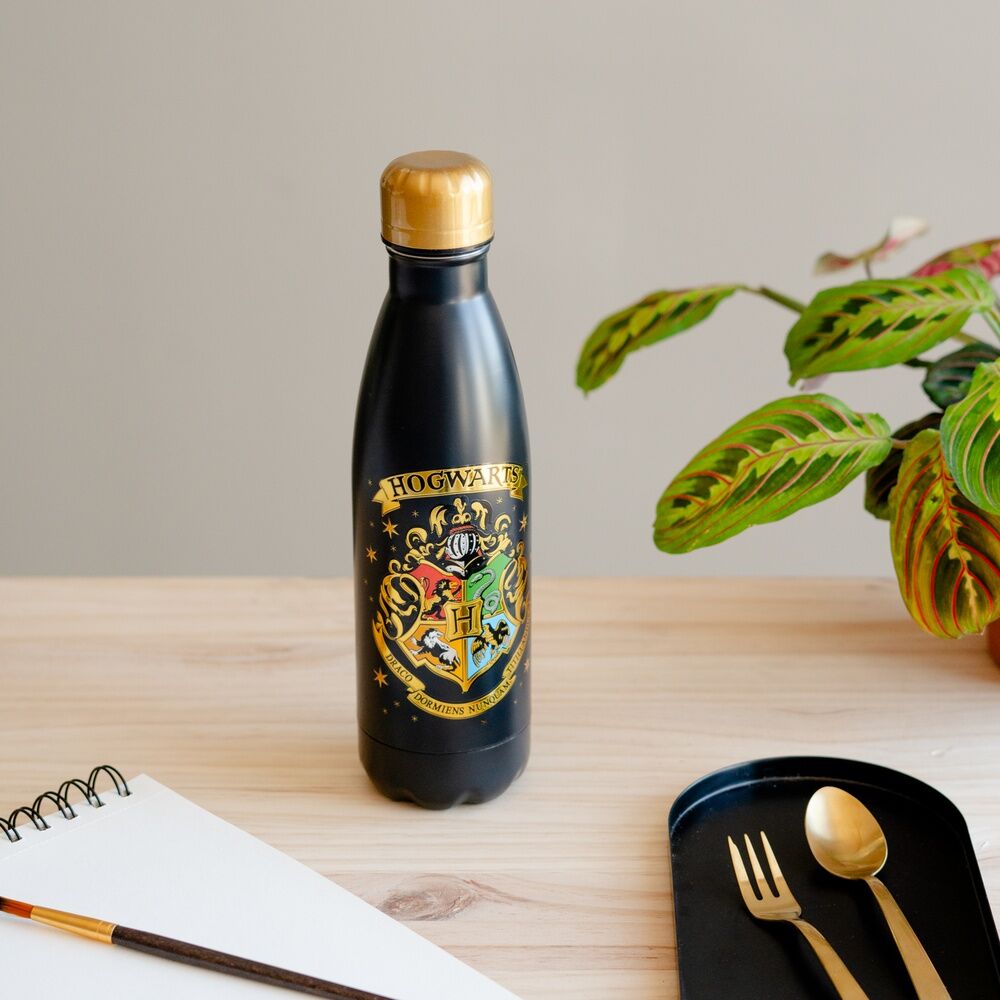 Botella negra Hogwarts de Harry Potter con escudo dorado - 5