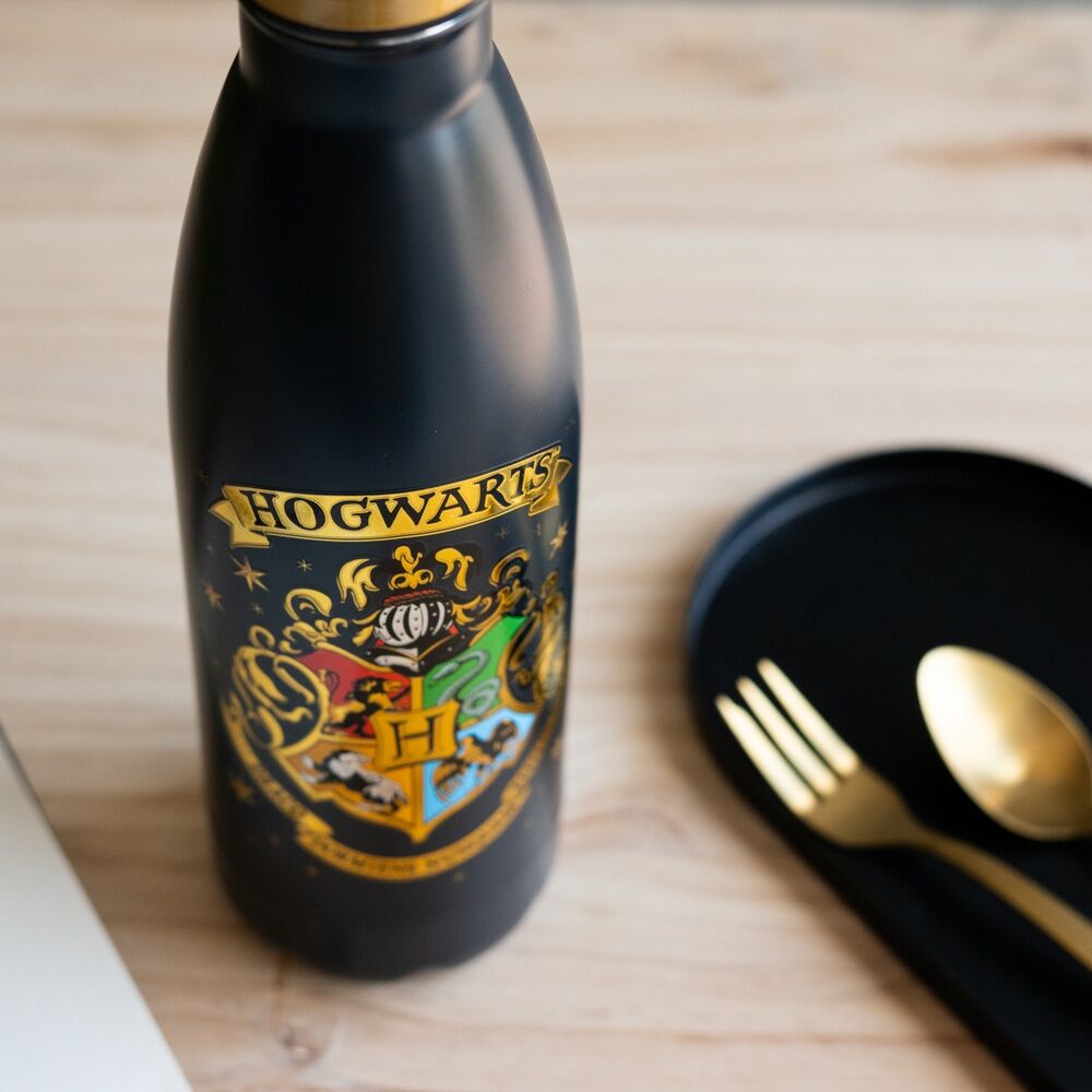 Botella negra Hogwarts de Harry Potter con escudo dorado - 6