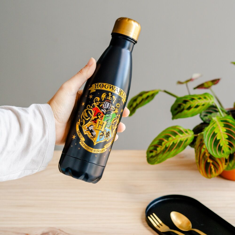 Botella negra Hogwarts de Harry Potter con escudo dorado - 7