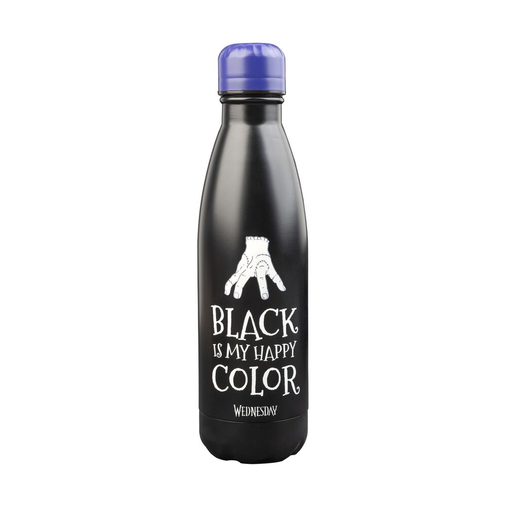 Botella ERIK negra de acero inoxidable con diseño de Miércoles y flores moradas - 2