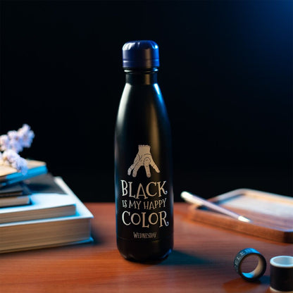 Botella ERIK negra de acero inoxidable con diseño de Miércoles y flores moradas - 4
