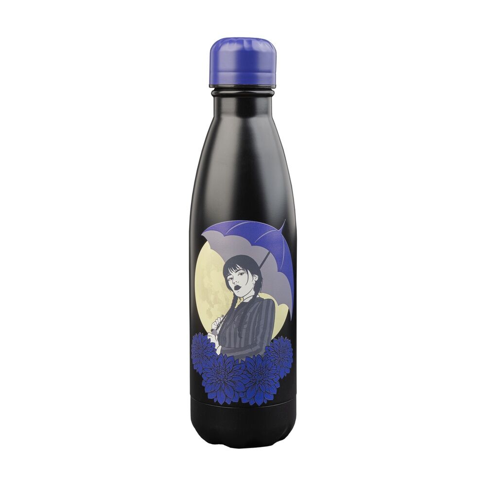 Botella ERIK negra de acero inoxidable con diseño de Miércoles y flores moradas