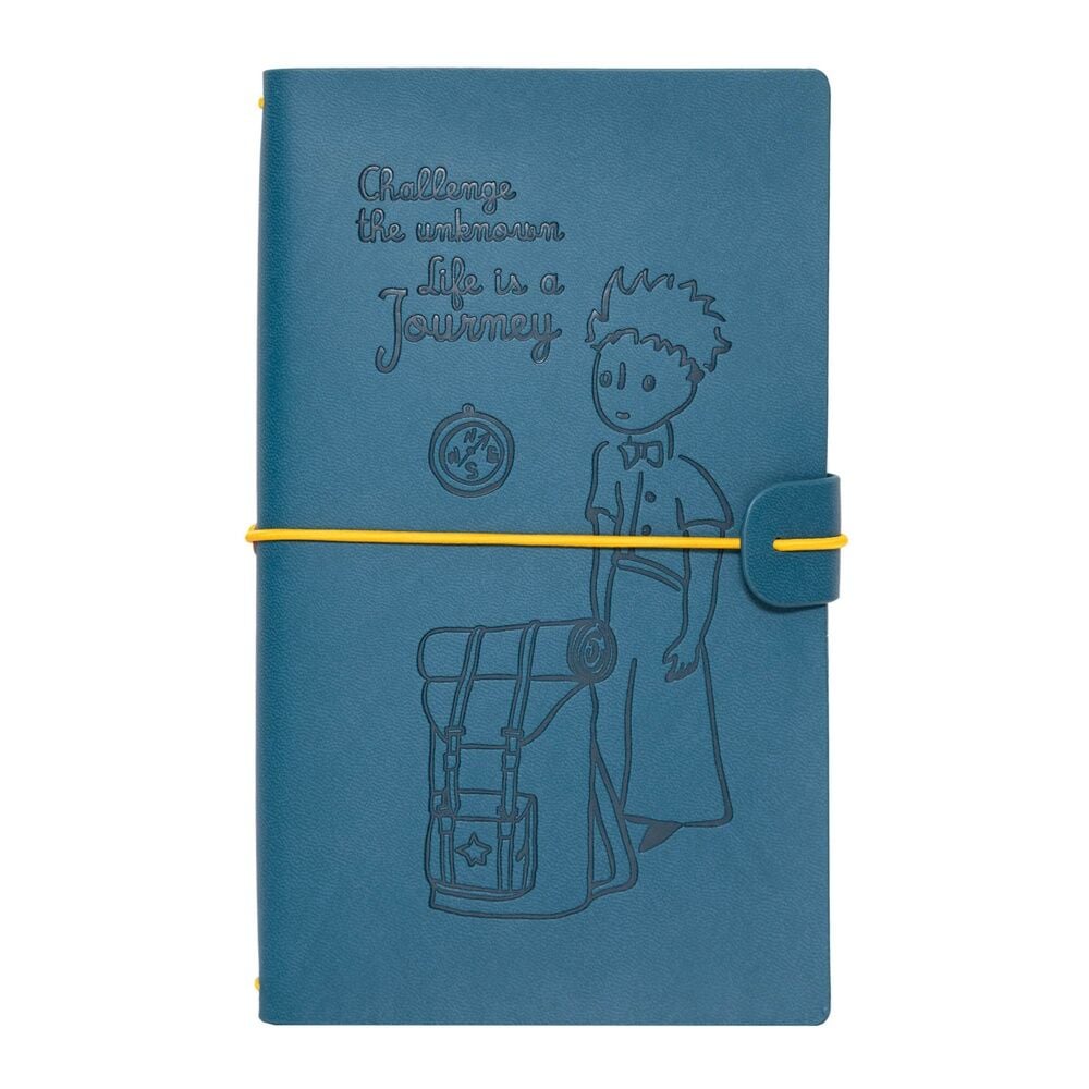 Cuaderno de viaje azul de El Principito con banda elástica amarilla