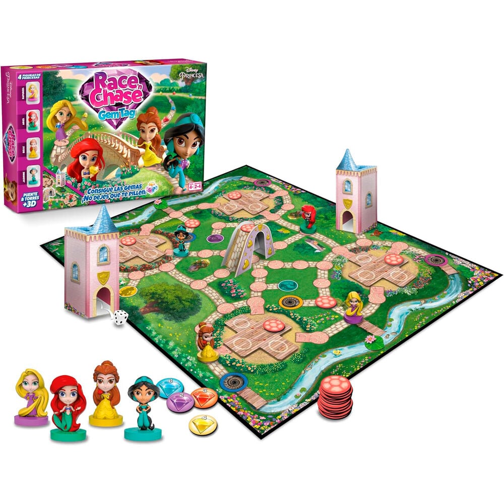 Juego de mesa Race Chase Gem Tag de Princesas Disney con tablero, figuras, gemas y torres