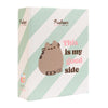 Álbum de fotos Pusheen con rayas verde menta y mensaje en portada