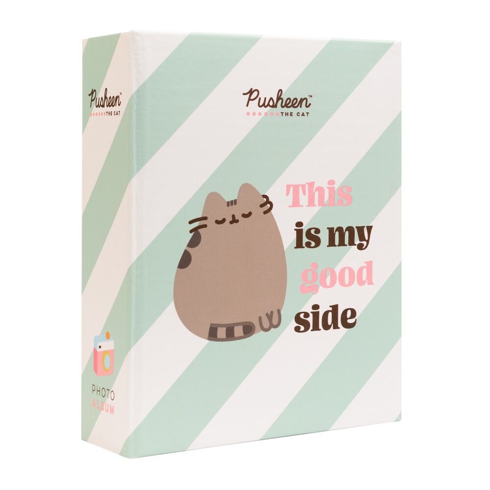 Álbum de fotos Pusheen con rayas verde menta y mensaje en portada