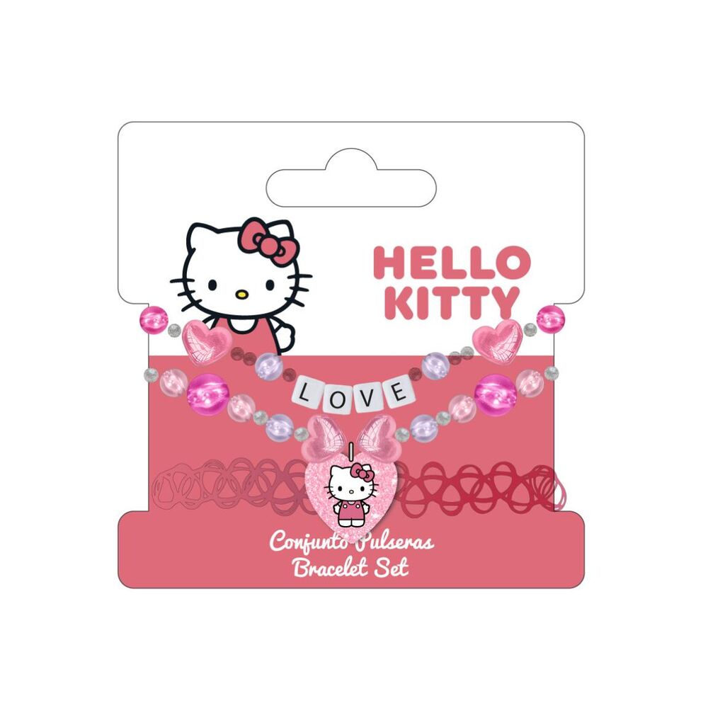 Conjunto de pulseras rosas de Hello Kitty con corazones y detalle LOVE