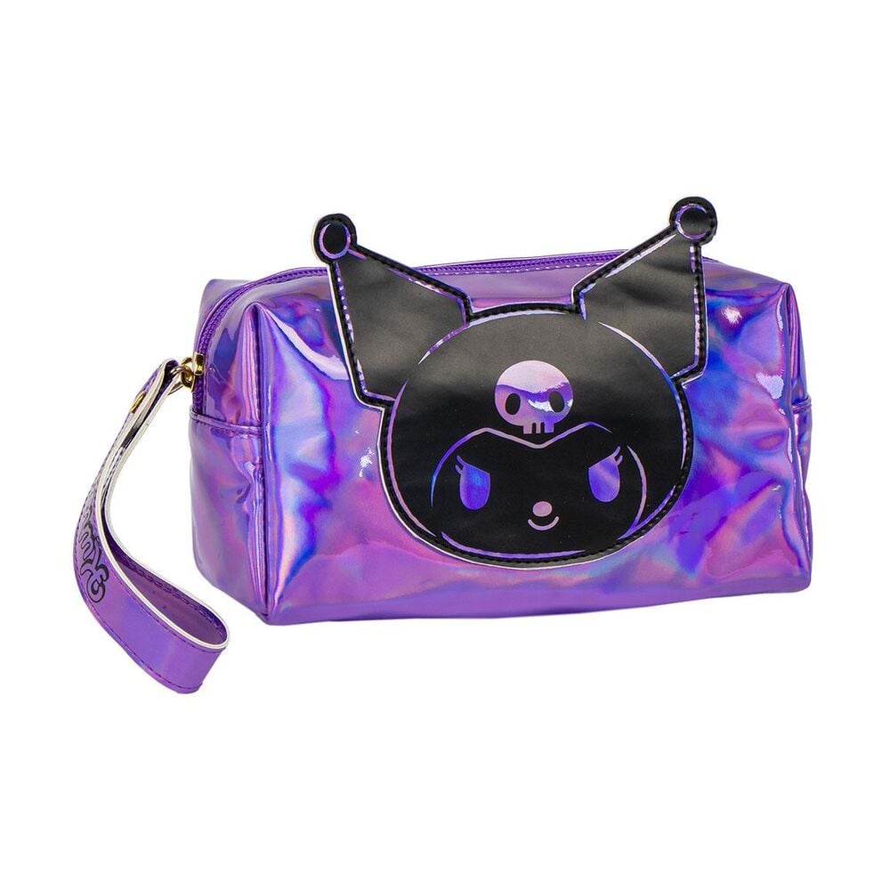 Neceser de viaje morado iridiscente con diseño frontal de Kuromi