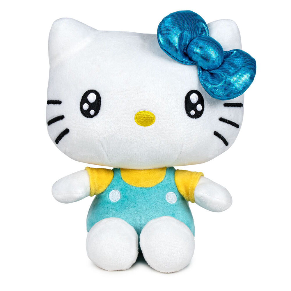 Peluche Hello Kitty 50th Anniversary con lazo azul y vestido turquesa y amarillo