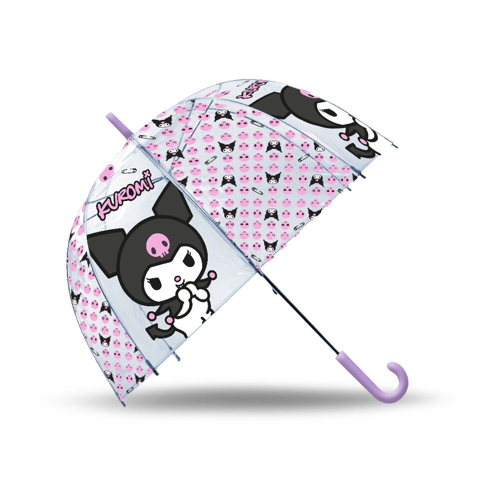 Paraguas manual de Kuromi Hello Kitty con estampado rosa y mango lila