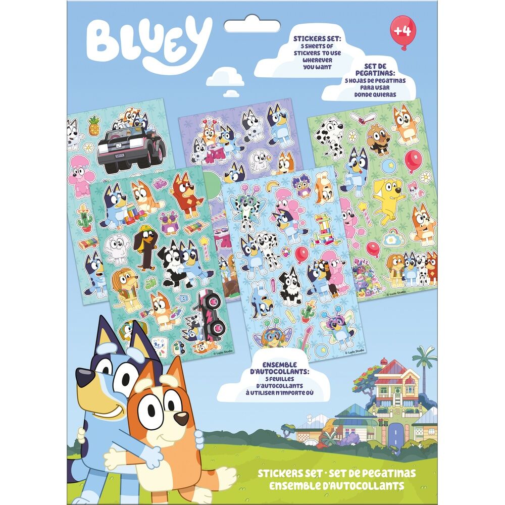 Set de cinco hojas de pegatinas de Bluey