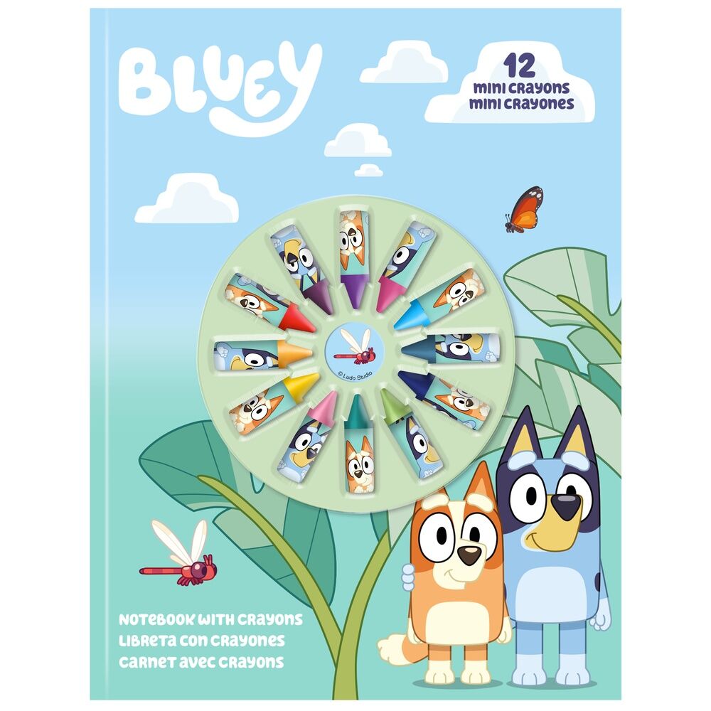 Libreta Bluey con 12 mini crayones y personajes de la serie