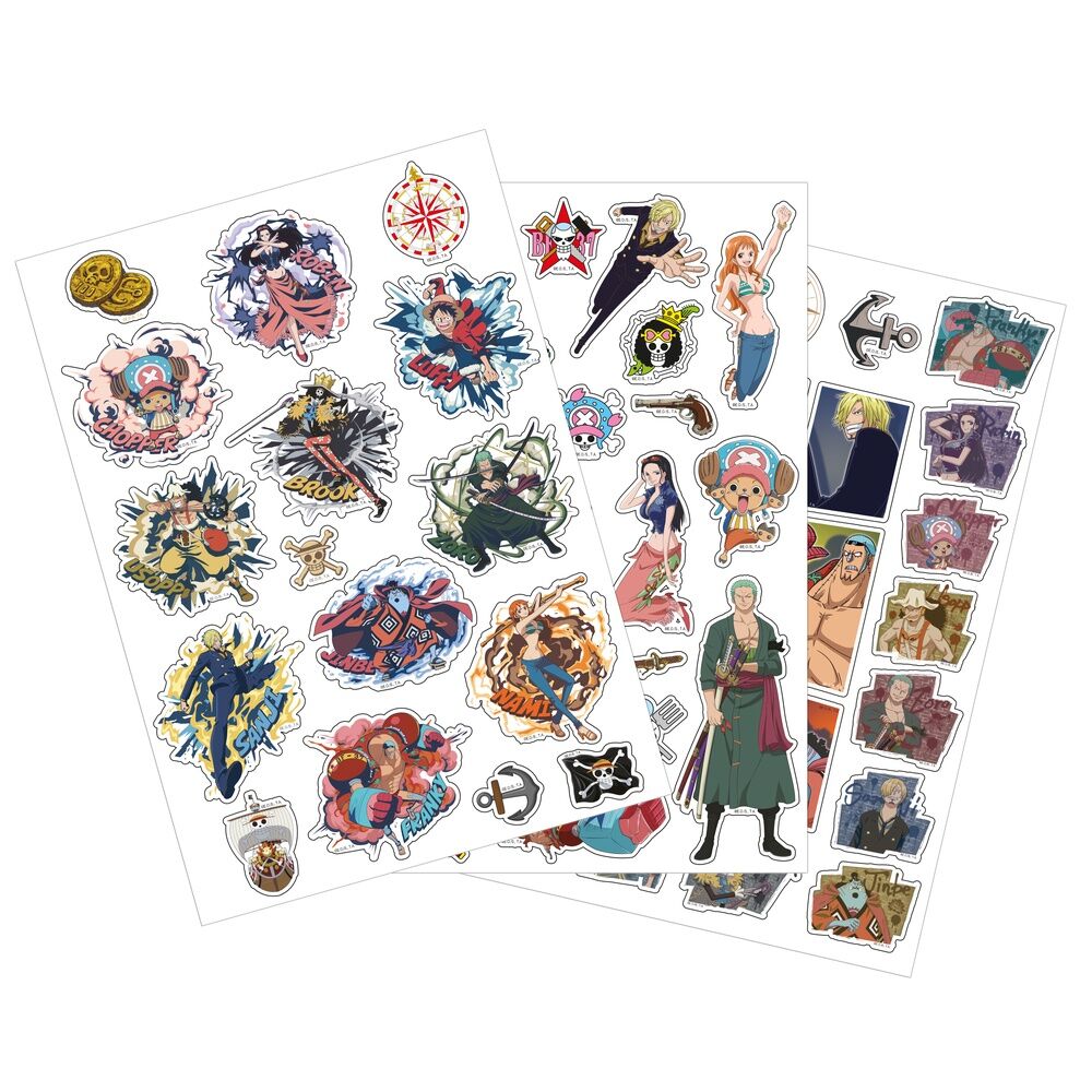 Set de pegatinas removibles One Piece con personajes y emblemas a color
