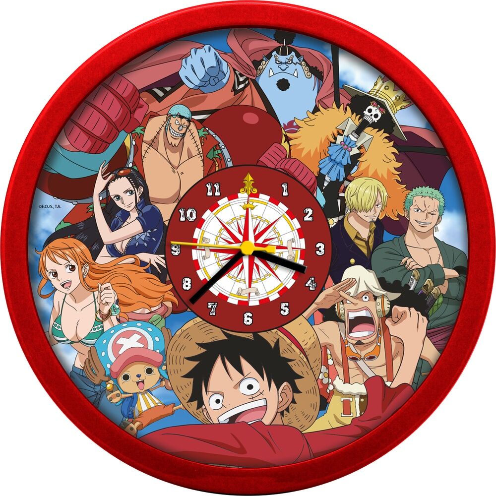 Reloj de pared One Piece con marco rojo y personajes de la serie