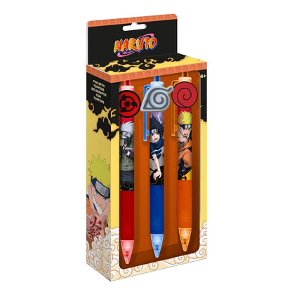 Blíster con tres bolígrafos Naruto Shippuden decorados con personajes y toppers