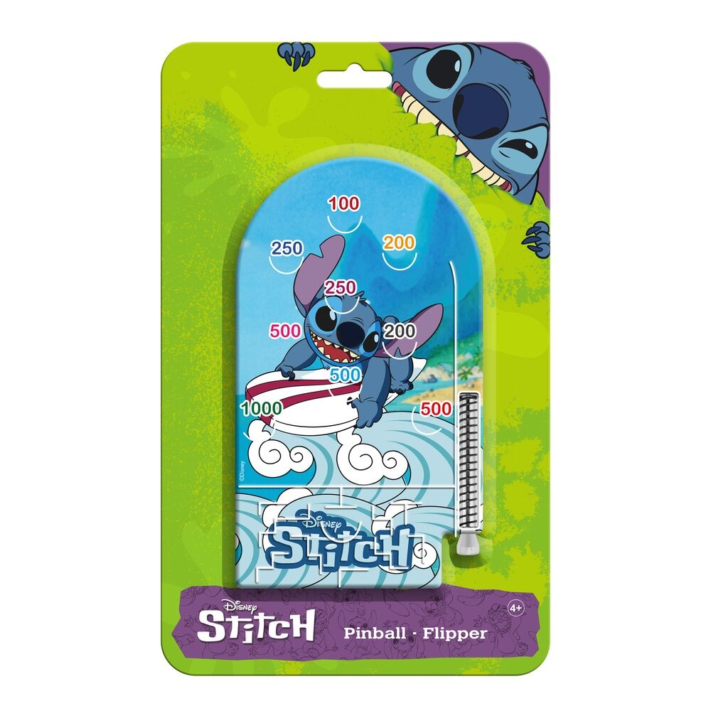 Pinball flipper de Stitch Disney con tablero azul y puntuaciones