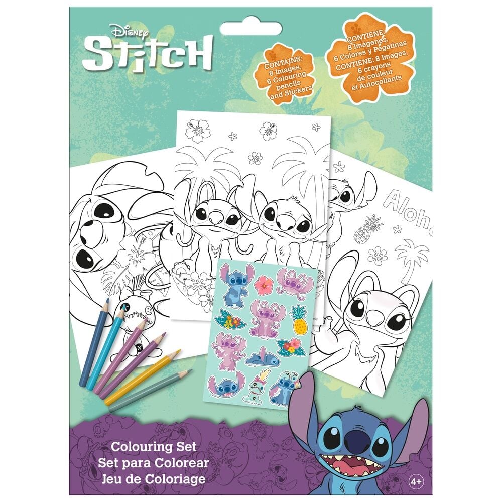 Set para colorear Stitch Disney con dibujos, lápices y pegatinas