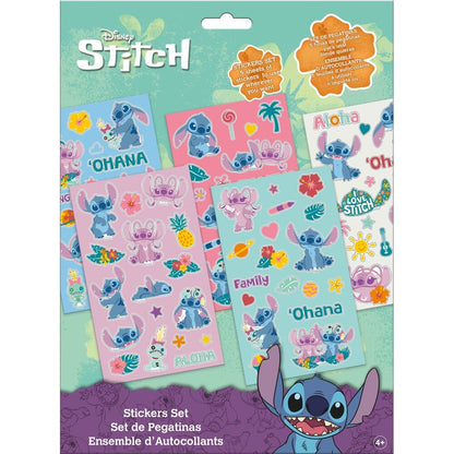 Set de cinco hojas de pegatinas de Stitch Disney con motivos tropicales