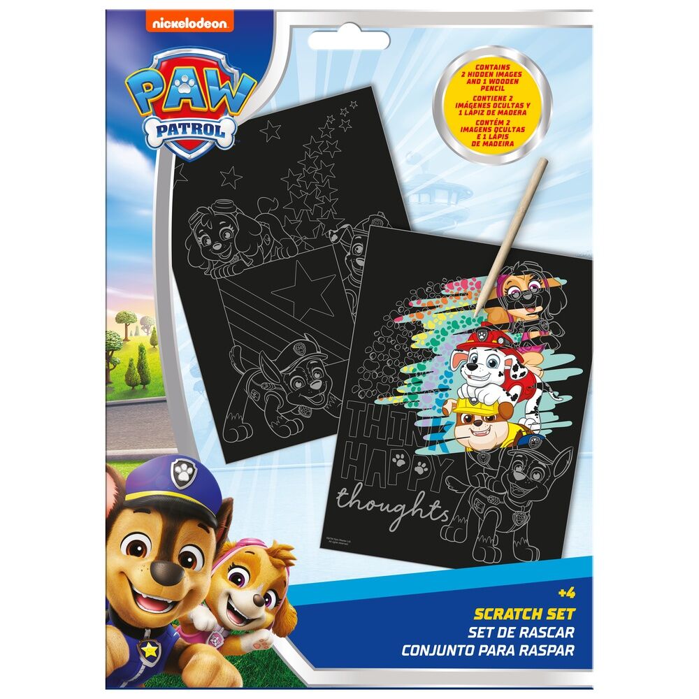 Set Scratch Art Paw Patrol con dos imágenes y lápiz de madera