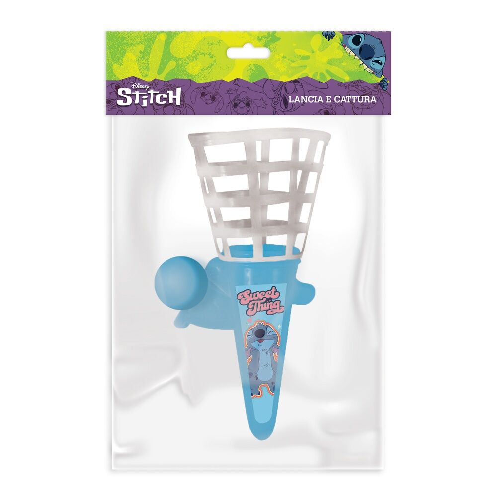 Juego de lanzar y atrapar Stitch Disney con cono azul, cesta blanca y pelota