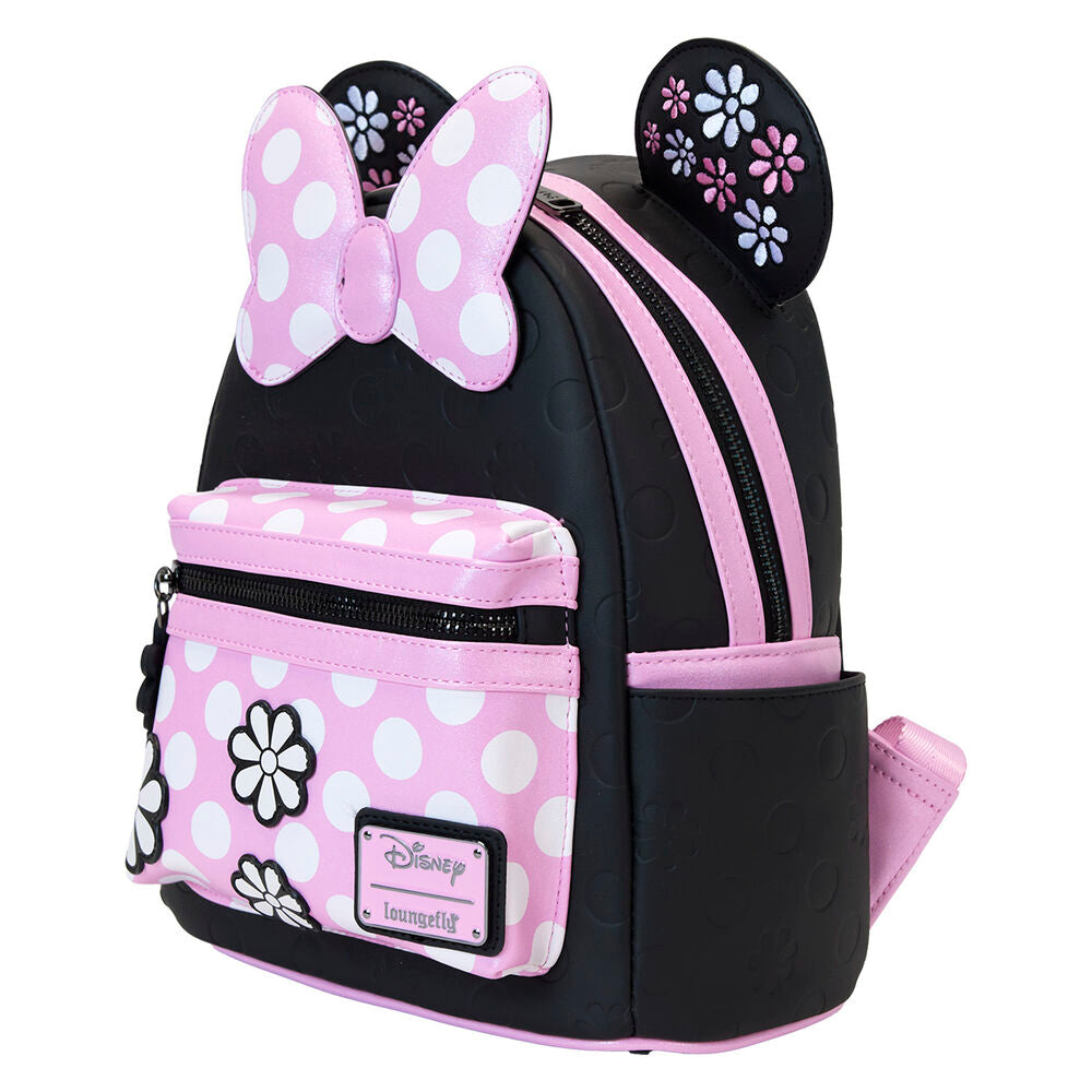 Mochila Minnie Loungefly negra y rosa con lunares y flores - 7