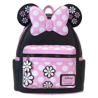 Mochila Minnie Loungefly negra y rosa con lunares y flores