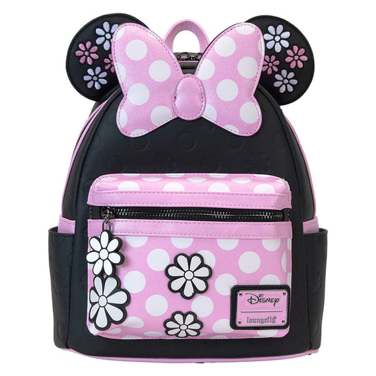 Mochila Minnie Loungefly negra y rosa con lunares y flores