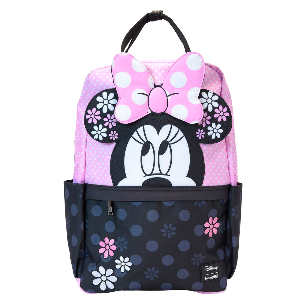 Mochila rosa y negra de Minnie con flores y lazo de lunares