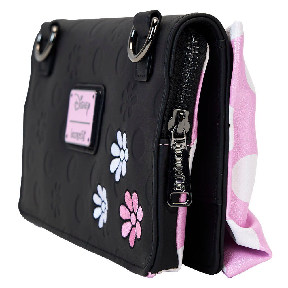 Bolso bandolera negro de Minnie con lazo rosa de lunares y correa floral - 5