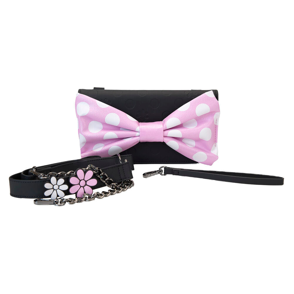 Bolso bandolera negro de Minnie con lazo rosa de lunares y correa floral - 2