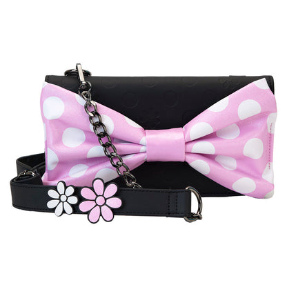 Bolso bandolera negro de Minnie con lazo rosa de lunares y correa floral