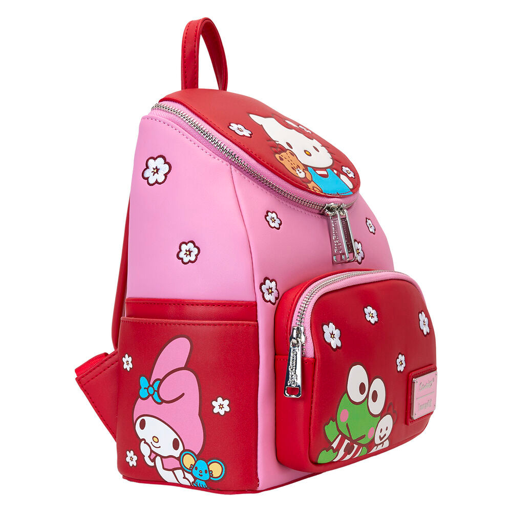 Mochila Loungefly Hello Kitty and Friends rosa y roja con flores