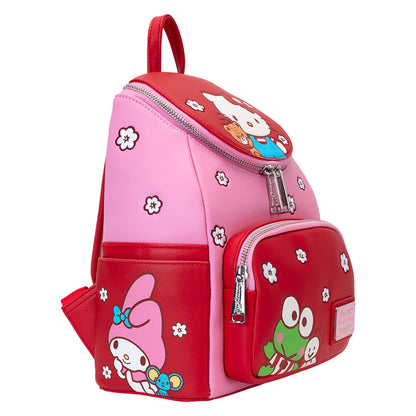 Mochila Loungefly Hello Kitty and Friends rosa y roja con flores