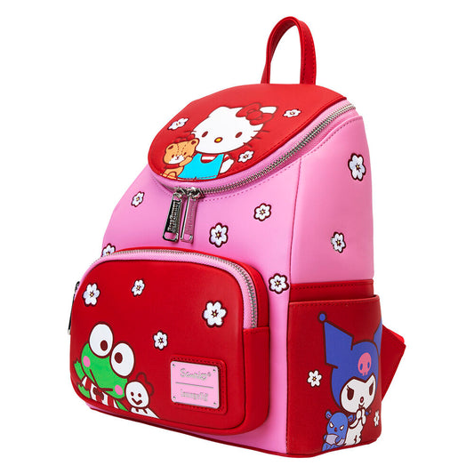 Mochila Loungefly Hello Kitty and Friends rosa y roja con flores - 3
