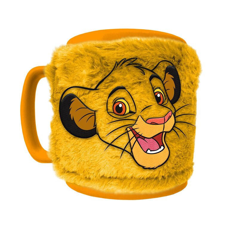 Taza de cerámica de El Rey León con funda de peluche amarilla y diseño de Simba