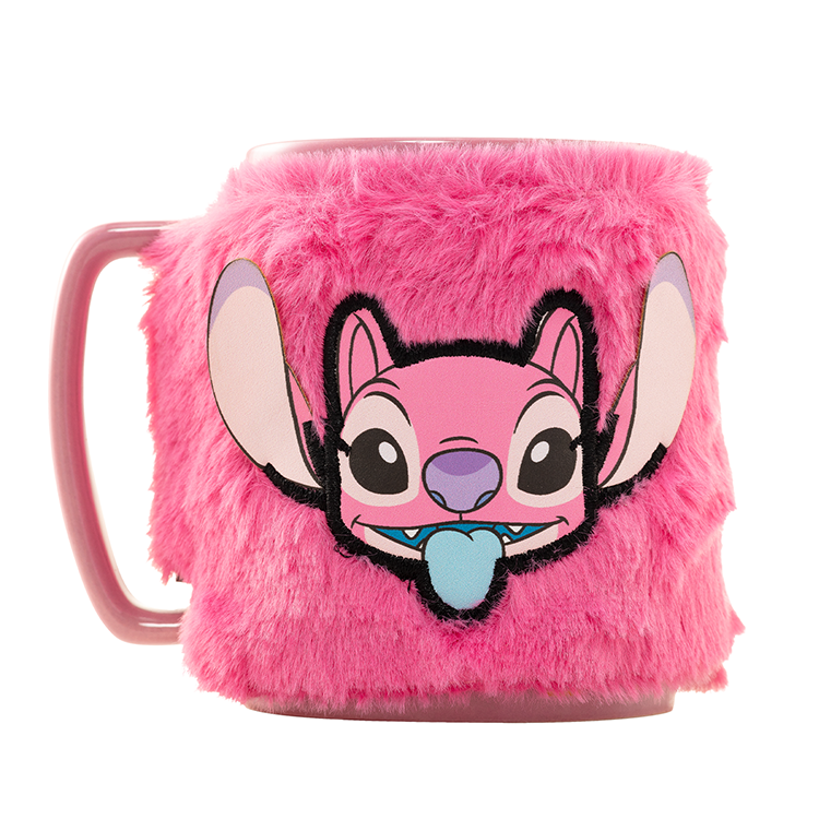 Taza rosa de Angel Disney con funda de peluche