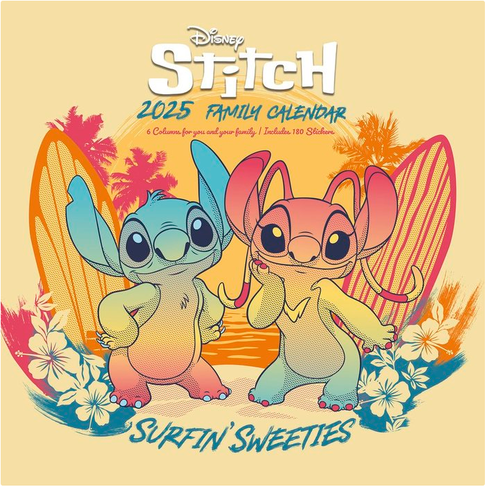 Calendario familiar Stitch Disney 2025 con diseño tropical